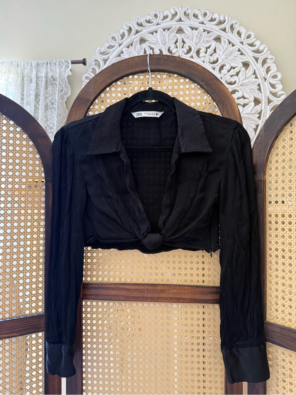 Zara Black Knot-Front Long Sleeve Crop Blouse